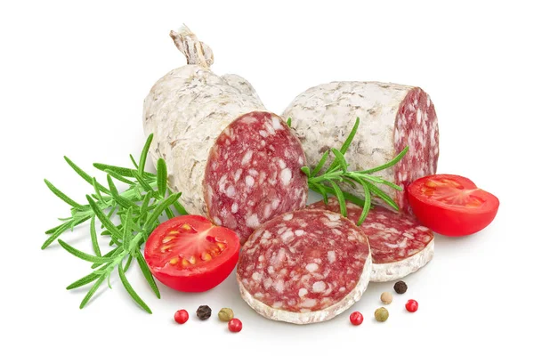Cured Salami Sausage Slices Isolated White Background Italian Cuisine Full — 스톡 사진