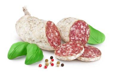 Cured salami sausage isolated on white background. Italian cuisine with full depth of field.