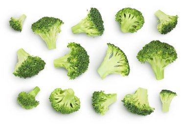 Beyaz arka planda izole edilmiş taze brokoli. Üst Manzara. Düz yatıyordu.