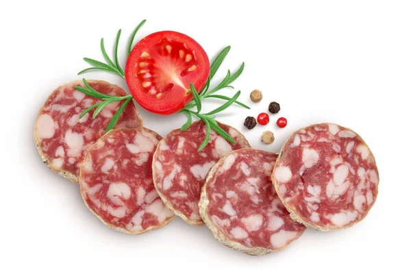 Cured Salami Sausage Slices Isolated White Background Italian Cuisine Full — 스톡 사진