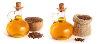 keten tohumu yağı ile beyaz arka plan üzerinde izole keten tohumu.