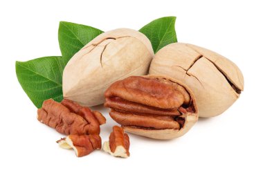 Beyaz arka plan üzerinde izole üç pekan fındık.