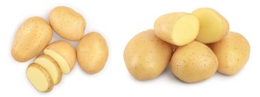 Genç patates beyaz arka plan üzerinde izole. Hasat yeni. Üst te. Düz yatıyordu