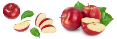 Beyaz arka planda yarı izole edilmiş kırmızı elma. Üst Manzara. Düz yatıyordu