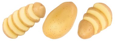 Genç patates, beyaz arka planda izole edilmiş. Yeni hasat. Üst Manzara. Düz yatıyordu,