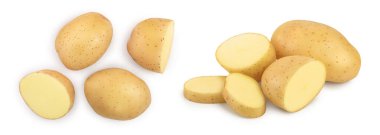 Genç patates beyaz arka plan üzerinde izole. Hasat yeni. Üst te. Düz yatıyordu