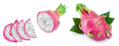 Ejderha meyve, Pitaya veya Pitahaya yaprak beyaz arka plan üzerinde izole ile. Üst te. Düz yatıyordu.