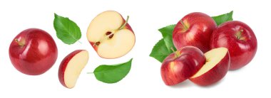 Beyaz arka planda yarı izole edilmiş kırmızı elma. Üst Manzara. Düz yatıyordu