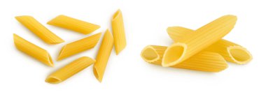 Raw italian penne rigate pasta isolated on white background with full depth of field. Top view. Flat lay.