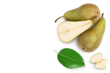 Green conference pear isolated on white background. Top view with copy space for your text. Flat lay.