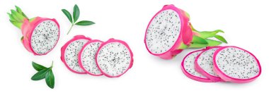 Ejderha meyve, Pitaya veya Pitahaya yaprak beyaz arka plan üzerinde izole ile. Üst te. Düz yatıyordu.