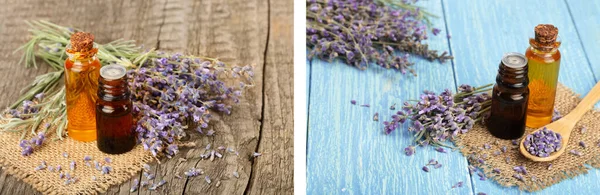 Herbal oil and lavender flowers on old wooden background.
