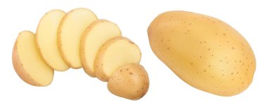 Genç patates, beyaz arka planda izole edilmiş. Yeni hasat. Üst Manzara. Düz yatıyordu,