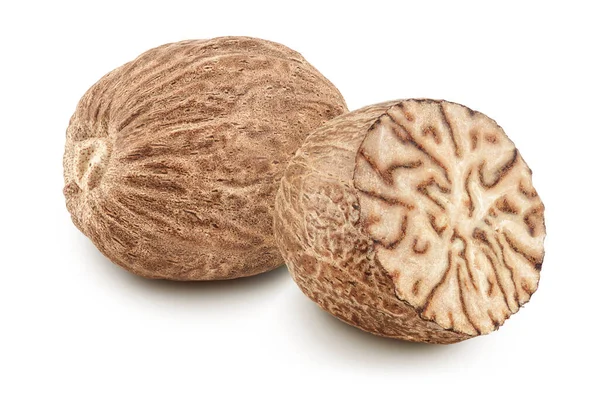 Nutmeg Half Isolated White Background Full Depth Field Top View — Stock Photo, Image