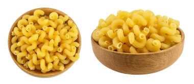 raw pasta cavatappi in wooden bowl isolated on white background with full depth of field. Top view. Flat lay,