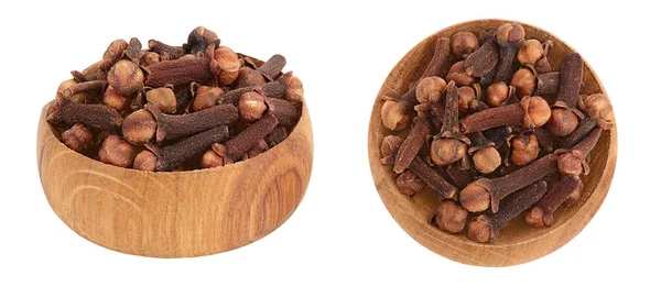 Dry Spice Cloves Wooden Bowl Isolated White Background Full Depth — Stock Photo, Image