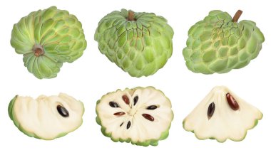 Beyaz arka planda izole edilmiş elma şekeri ya da muhallebi, geniş bir alana yayılmış. Egzotik tropikal Thai annona veya cherimoya meyvesi. Ayarla ya da topla