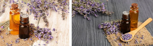 Herbal oil and lavender flowers on wooden background.