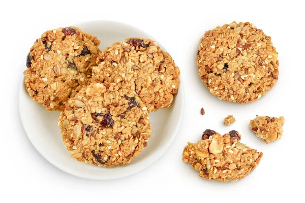 stock image Granola cookie in ceramic bowl isolated on white background with full depth of field. Top view. Flat lay