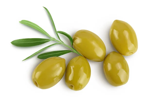 Grüne Oliven Mit Isolierten Blättern Auf Weißem Hintergrund Mit Voller — Stockfoto