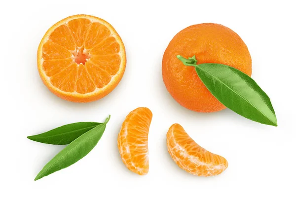 Tangerine Clementine Green Leaf Isolated White Background Full Depth Field — 스톡 사진