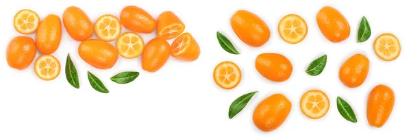 Cumquat Eller Kumquat Med Hälften Isolerade Vit Bakgrund Med Kopia — Stockfoto