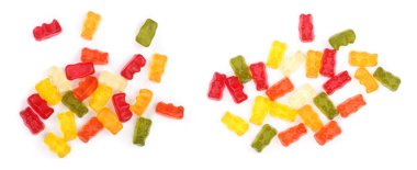 Renkli şeker jöleli şeker Isolated beyaz arka plan yemek. Üstten Görünüm. Düz yatıyordu.