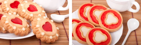 cookie with a heart and jelly and a cup of coffee on a bamboo napkin.