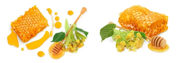 Honeycombs Dan Puddle Madu Dengan Tongkat Dan Bunga Linden Terisolasi — Stok Foto