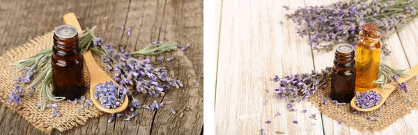 Herbal oil and lavender flowers on old wooden background.