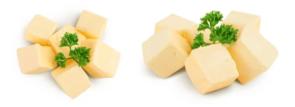 Butter Cubes Isolated White Background Full Depth Field Top View — 스톡 사진