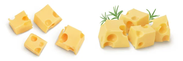 Beyaz Arka Planda Izole Edilmiş Peynir Küpleri Üst Manzara Düz — Stok fotoğraf