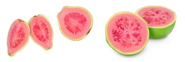 Guava meyve dilimleri beyaz arka planda tam derinlikte izole edilmiş. Üst Manzara. Düz yatıyordu.