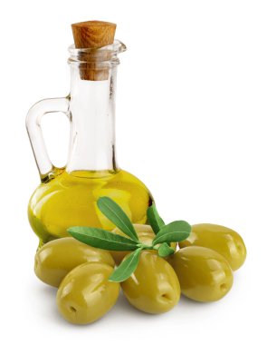 Beyaz bir arka plan üzerinde izole zeytinyağı ile cam şişe.