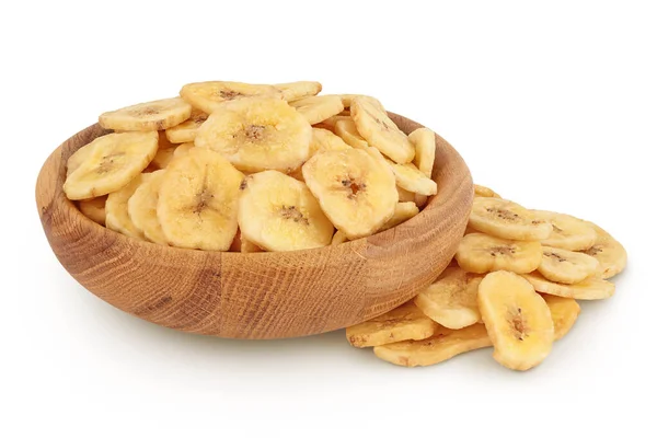 Sušené Banánové Lupínky Dřevěné Míse Izolované Bílém Pozadí Plnou Hloubkou — Stock fotografie