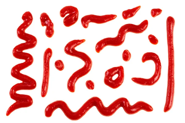 Rode Tomatensaus Ketchup Geïsoleerd Witte Achtergrond Bovenaanzicht Plat Gelegd Set — Stockfoto