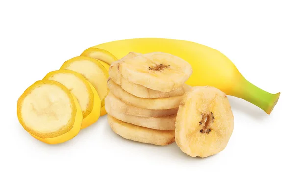 Banánové Kousky Čerstvé Sušené Izolované Bílém Pozadí Odstřihovací Pěšinou Plnou — Stock fotografie