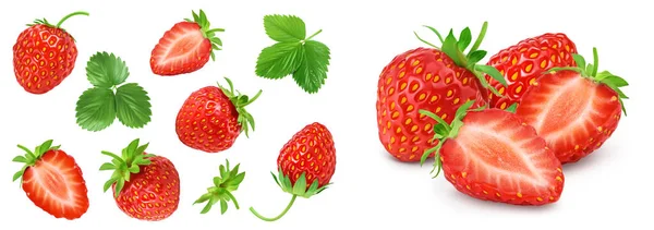 Strawberries Decorated Green Leaves Isolated White Background Top View Flat — Stock Photo, Image