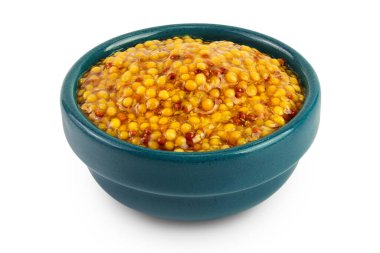 Fransız hardallı kase beyaz arka planda tam derinlikte izole edilmiş..