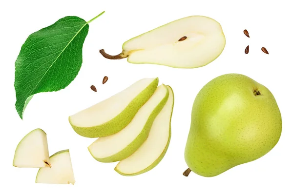 Beyaz Arka Planda Dilimlenmiş Yeşil Armut Meyvesi Üst Manzara Düz — Stok fotoğraf