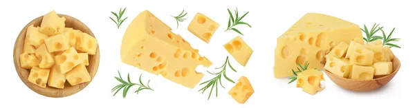 Stück Käse Holzschale Isoliert Auf Weißem Hintergrund Draufsicht Mit Kopierraum — Stockfoto