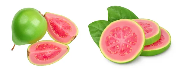 Beyaz Arka Planda Tam Derinlikte Dilimlenmiş Guava Meyvesi Üst Manzara — Stok fotoğraf