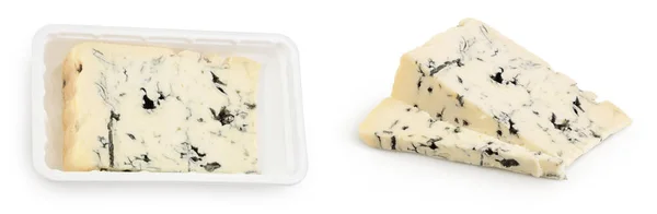 Blue Cheese Gorgonzola Plastic Packaging Isolated White Background Full Depth — Fotografie, imagine de stoc