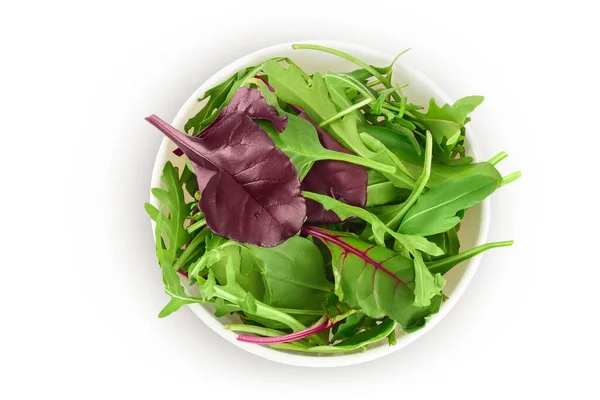Meng Salade Arugula Spinazie Snijbiet Kom Geïsoleerd Witte Achtergrond Bovenaanzicht — Stockfoto