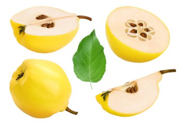 Yarısı taze ayva ve beyaz arka planda tam derinlikte izole edilmiş dilimler. Üst Manzara. Düz yatıyordu.