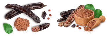 Carob pod and powder isolated on white background with full depth of field. Top view. Flat lay.
