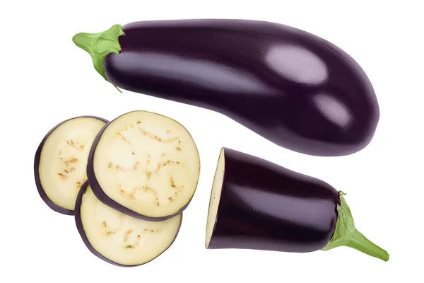 Eggplant Aubergine Slices Isolated White Background Full Depth Field Top — Stock Photo, Image