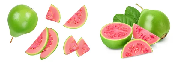Beyaz Arka Planda Tam Derinlikte Dilimlenmiş Guava Meyvesi Üst Manzara — Stok fotoğraf