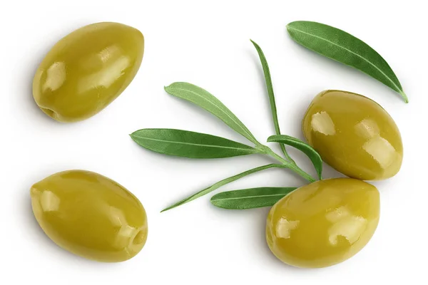 Zelené Olivy Listy Izolovanými Bílém Pozadí Plnou Hloubkou Pole Horní — Stock fotografie