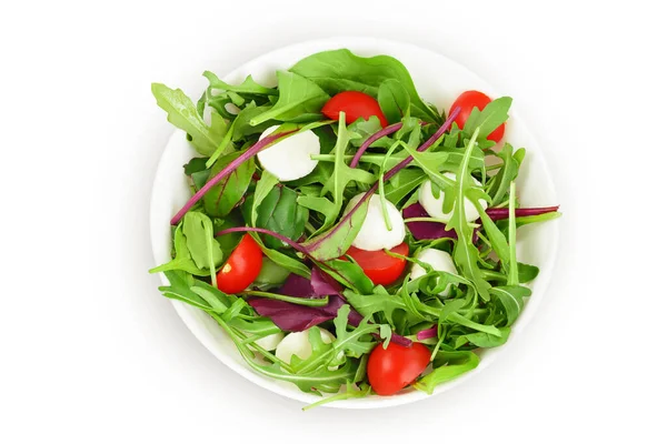 Mix Salad Arugula Spinach Chard Cherry Tomatoes Mozzarella Bowl Isolated — Stock Photo, Image